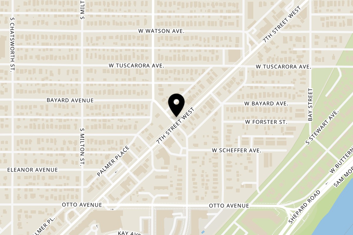 Map showing the location of Bennett's Chop & Railhouse on 1305 7th St W in St Paul